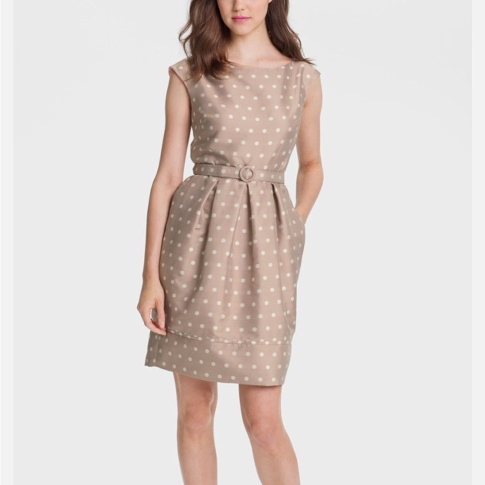 ELIZA J Polka Dot Satin Tulip BELTED MISSY DRESS TAUPE BEIGE